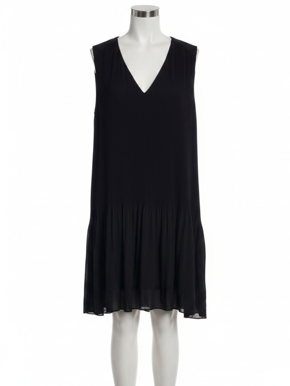 Sleeveless V-Neck Black Pleated Drop-Waist Dress
